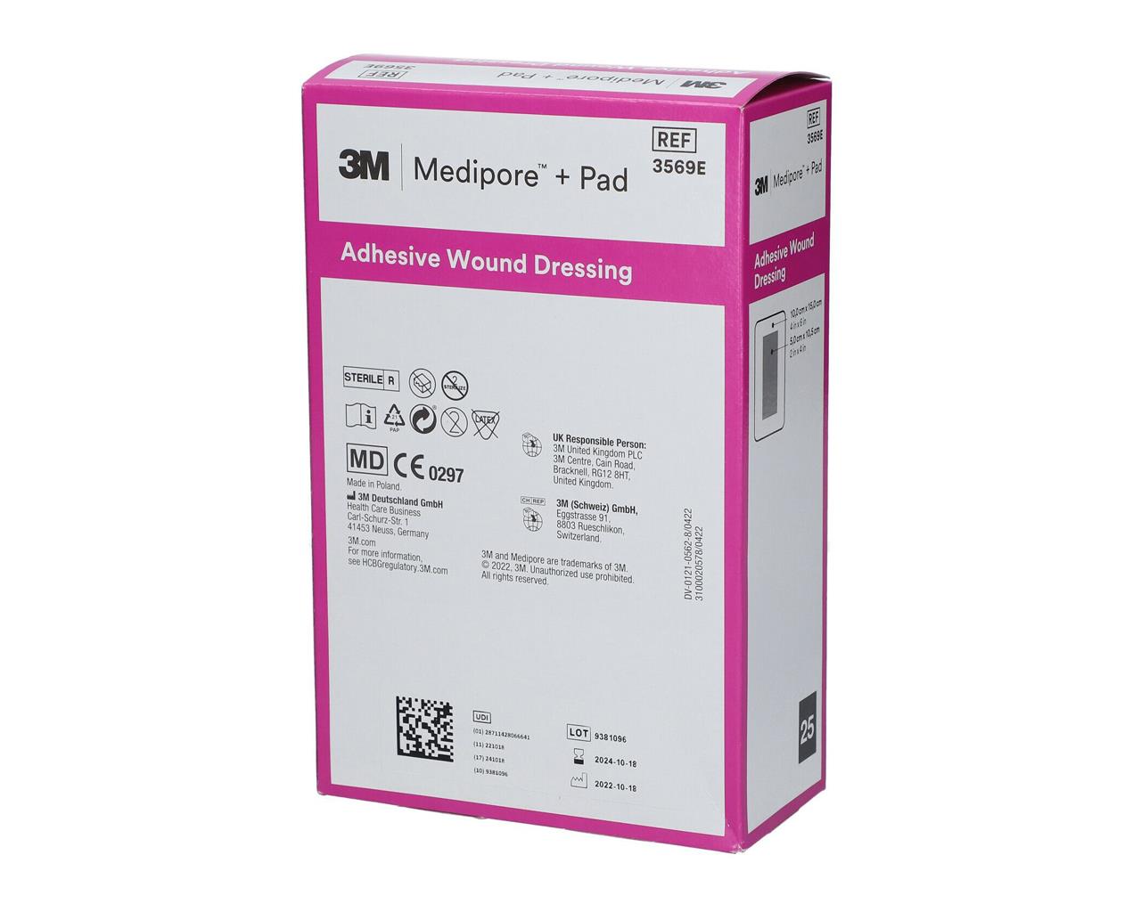 3M™ Medipore™ + Pad 3569E Penso em TNT estéril com compressa - 10 × 15 cm