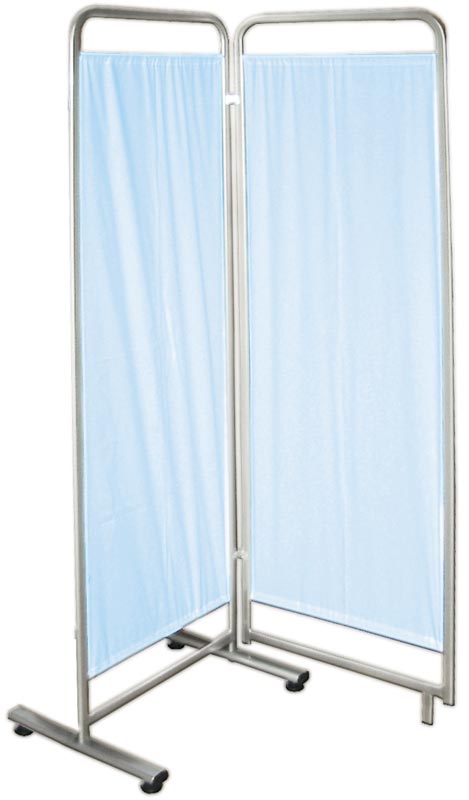 Biombo duplo com estrutura fixa e cortina de trevira azul