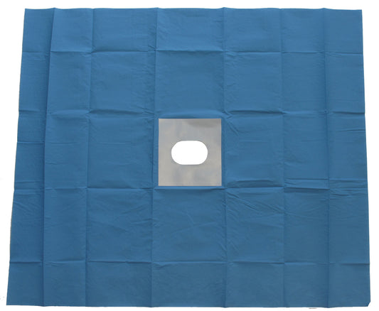 Campos cirúrgicos descartáveis estéreis - em TNT com orifício central adesivo Ø 9×18 cm - 100×150 cm