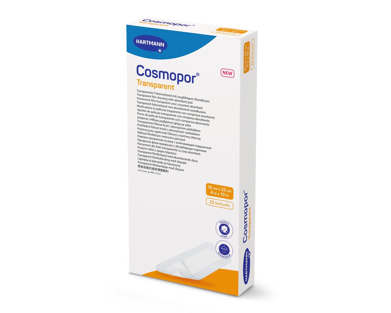 Cosmopor Transparent Medicamento adesivo transparente com tampão - 10 × 25 cm