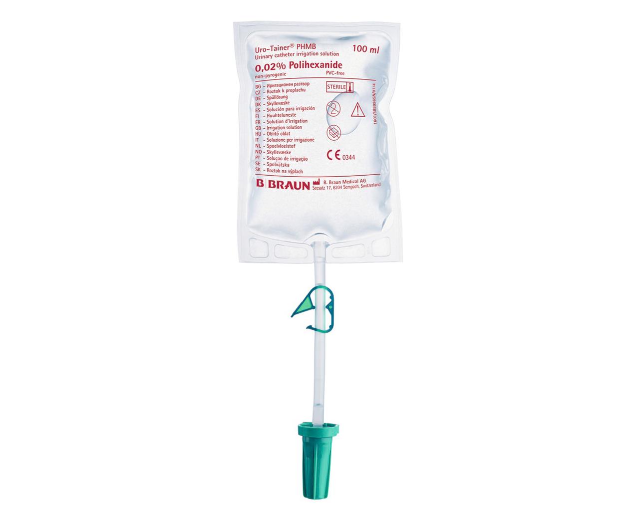 Uro-Tainer Polihexanida 0,02% Saco para lavagem de cateteres permanentes 100 ml