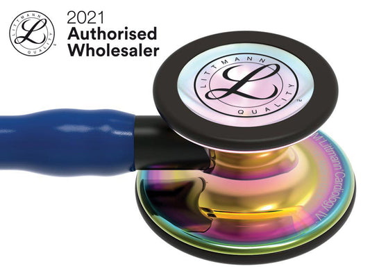 Estetoscópio Littmann Cardiology IV - 6242 - azul navy acabamentos arco-íris brilhante