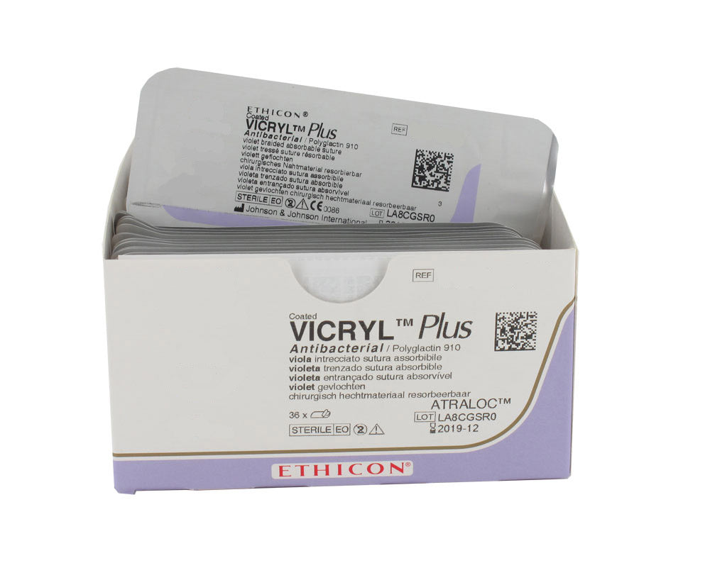 Suturas absorvíveis Ethicon Vicryl™ Plus - Antibacteriano Poliglactina 910, Agulha 13mm 1/2, USP 4/0 - Branco