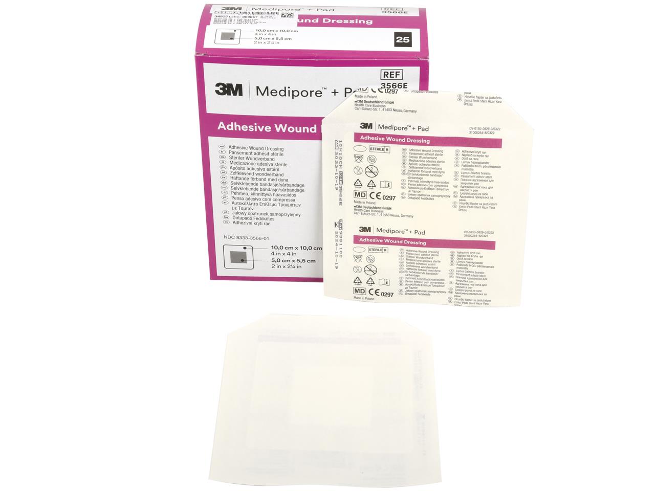 3M™ Medipore™ + Pad 3566E Penso em TNT estéril com compressa - 10 × 10 cm