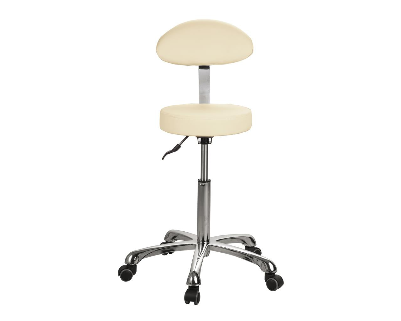 Escabelo regulável em altura 55-75 cm com assento estofado Ø 34 cm e base com rodas - com encosto - bege claro