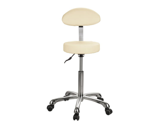 Escabelo regulável em altura 55-75 cm com assento estofado Ø 34 cm e base com rodas - com encosto - bege claro